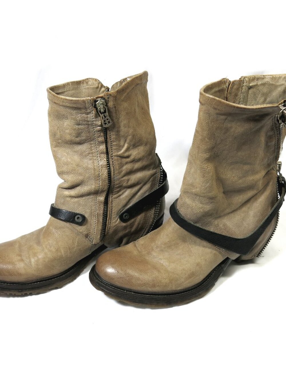 A.S. 98 Beige Double Zippered Boots, EU 38, US 8,Rare, Biker-Boho Strapped Boots - Picture 11 of 16